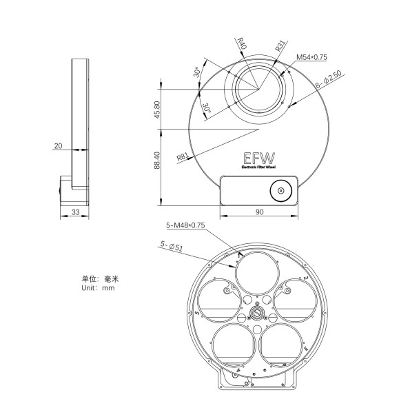 EFW filter wheel ZWO 5 positions 5x50.8mm (2")