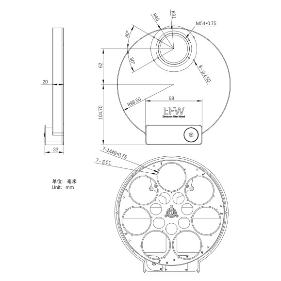 EFW filter wheel ZWO 7 positions 7x50.8mm (2")