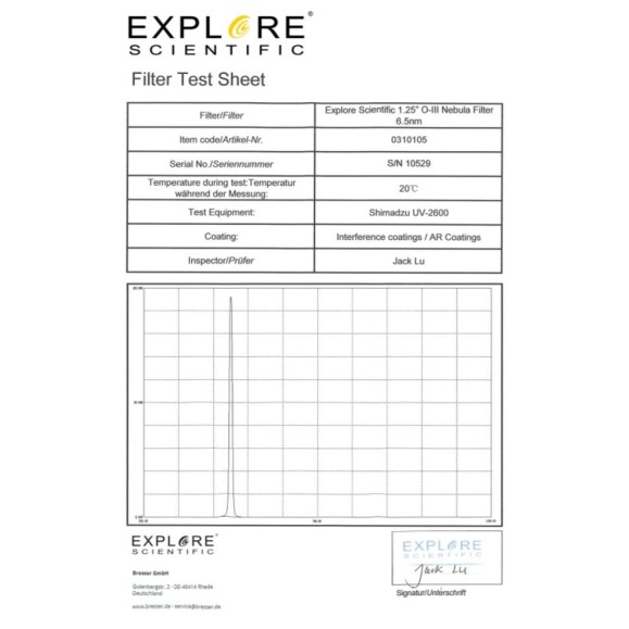 EXPLORE SCIENTIFIC Filter Narrow band O-III Nebular filter 6.5nm