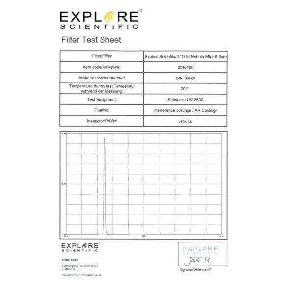 EXPLORE SCIENTIFIC Filter Narrow Band 2" O-III Nebula Filter 6.5nm
