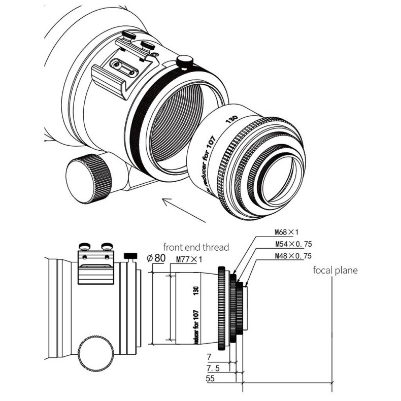 Flattener reducer ZWO 0,7x for FF107... Flattener reducer ZWO 0,7x for FF107...