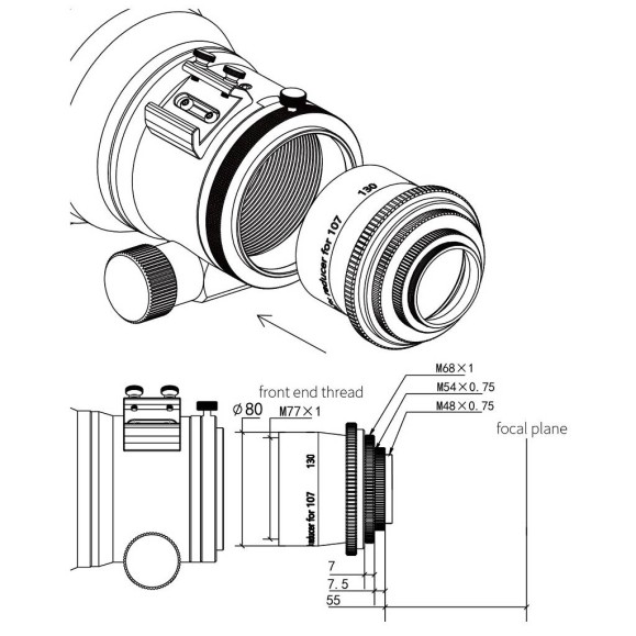 Flattener reducer ZWO 0,7x for FF107 & FF130