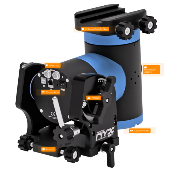 Equatorial harmonic mount Pegasus Astro NYX-101 with pre-installed Saddle Powerbox female mount