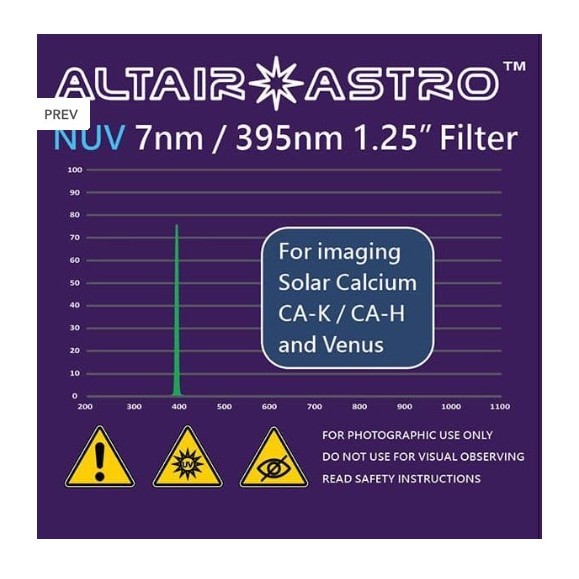 ALTAIR F125NUV395, 7nm, 1.25" NUV filter - Calcium and Venus K-line.