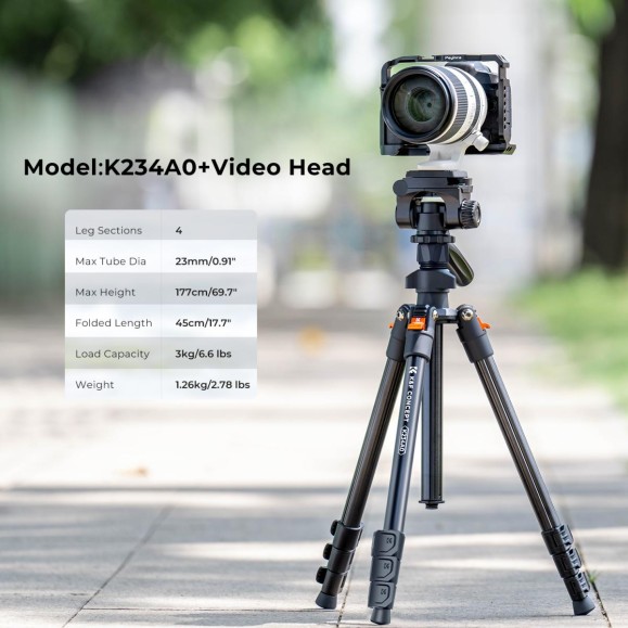 Lightweight Aluminum Tripod for Photography and Live Broadcasting + K&F Video Head + K&F Video Head