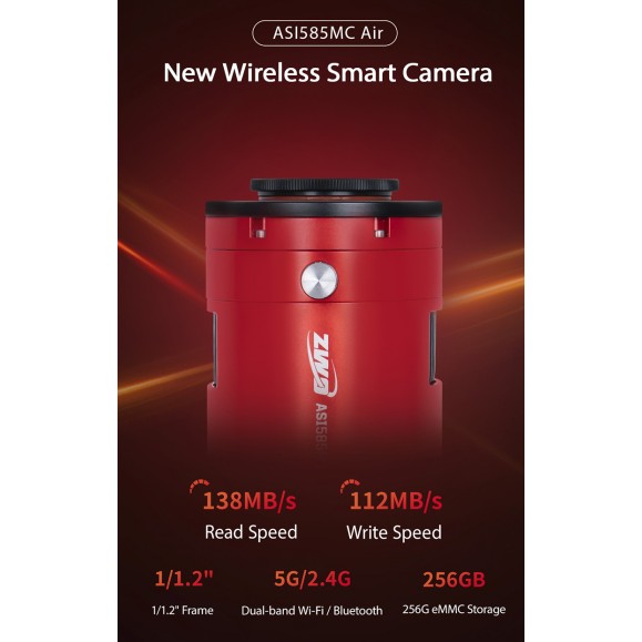 Cooled color astronomical camera ZWO ASI585MC with integrated camera guide and ASIAir